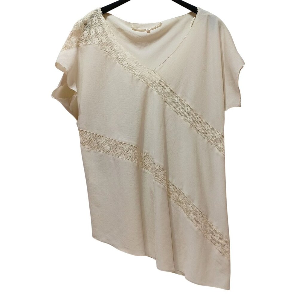 Rachel Roy Asymmetric Lace Trim Top Womens L Cream Soft Feminine Romantic‎
